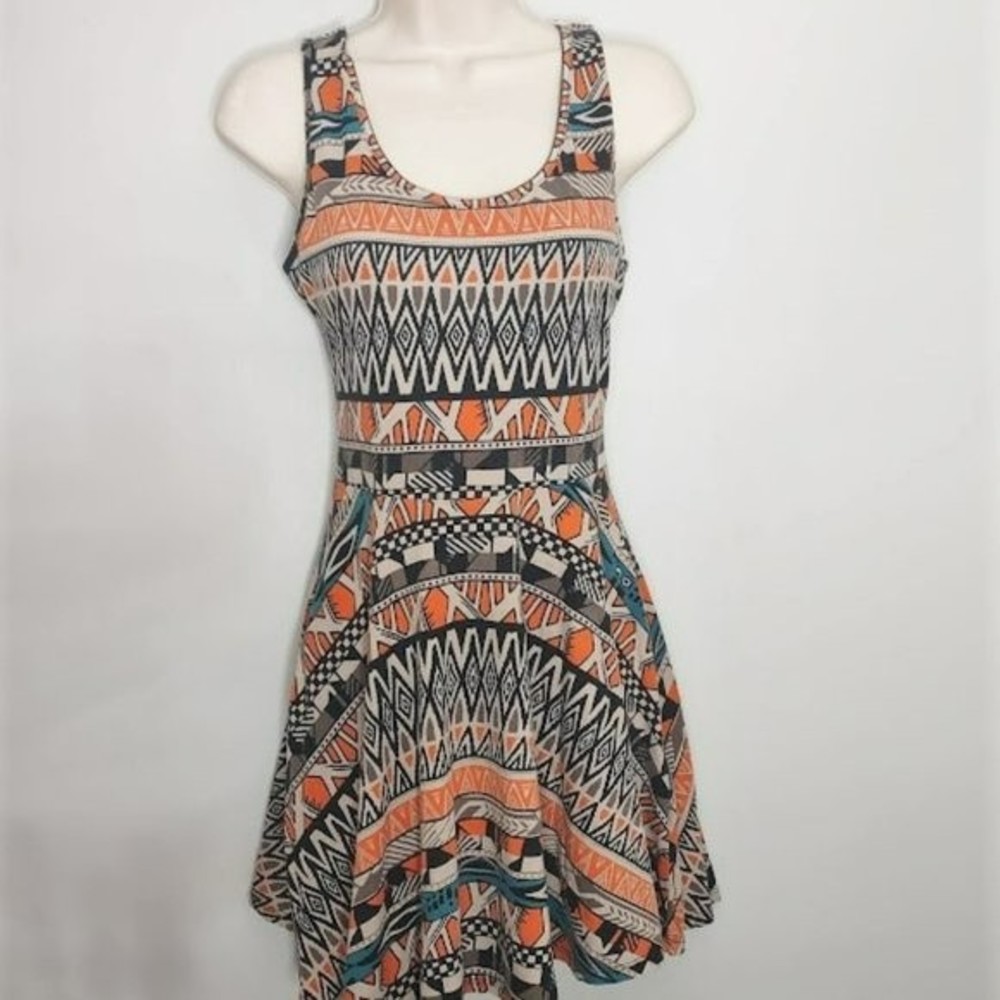 Banana Lemon Geometric Abstract Earthtone Print Skater Dress
